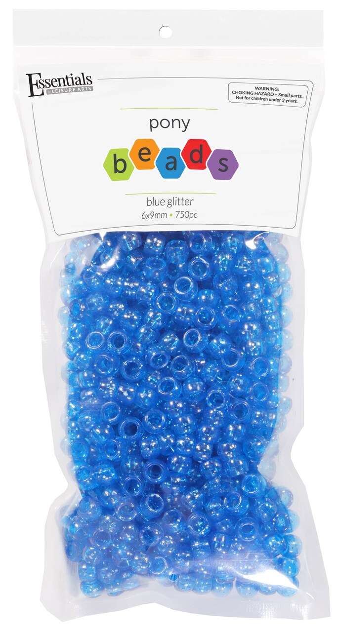 Essentials by Leisure Arts Pony Beads, 6x9mm, Glitter Blue, 750pc – Bracelet Making Kit for Jewelry and Kandi Crafts – Bulk Craft Beads for Friendship Bracelets and DIY Projects